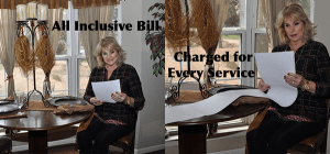 A woman smiling at an all-inclusive bill versus a bill with multiple add-ons